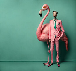 A pink illustrated flamingo standing next to dressed man in elegant, modern clothing. Abstract animal portrait. Man with his pet tropical flamingo. Illustration, Generative AI.
