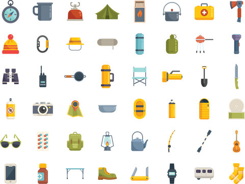 Equipment for hike icons set flat vector. Hiker backpack. Shoes hiking isolated