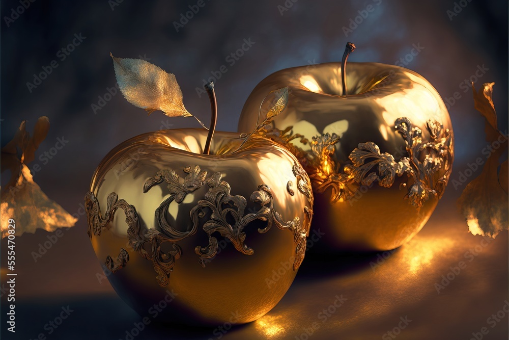 Poster two golden apples with designs on them on a table with a blue background and a gold leaf on the top.