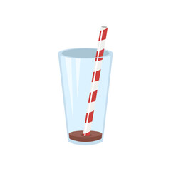 Empty glass of chocolate drink flat vector illustration. Cartoon drawing of cup with cocoa, chocolate milk, cocktail or milkshake with straw on white background. Beverage, food, dessert concept