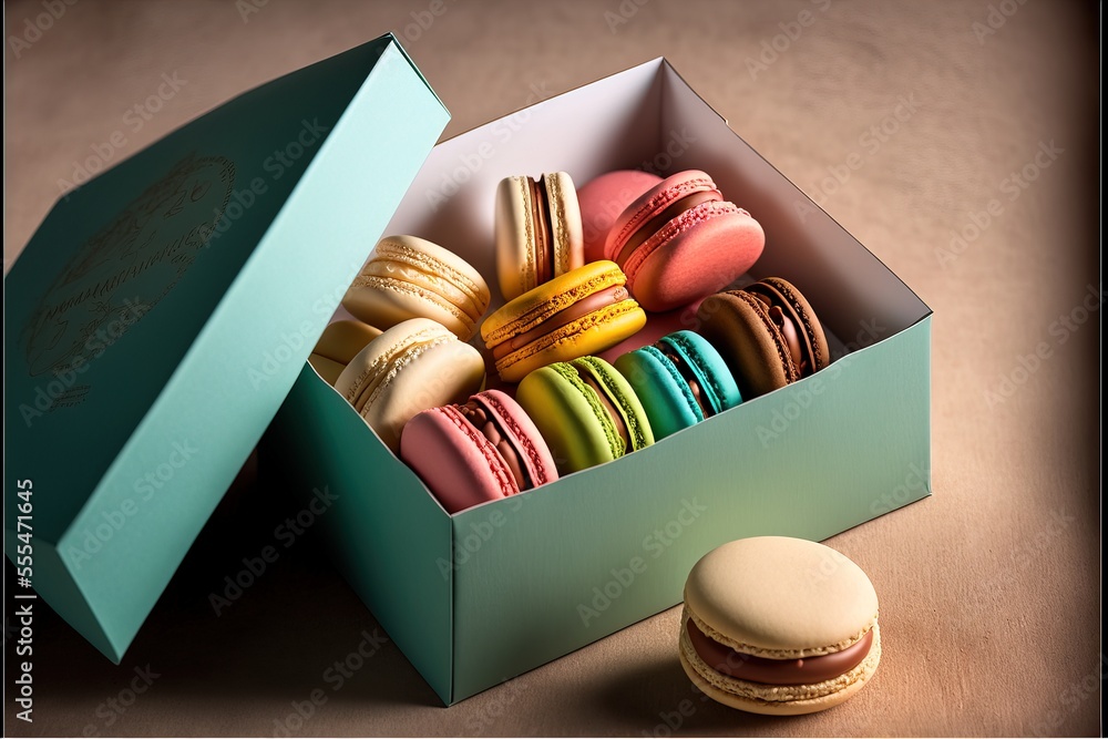 Poster a box of macaroons sitting on a table next to a macaroni and cheese sandwich in it., generative ai
