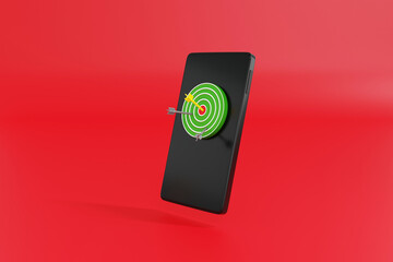3D rendering Arrow target on dartboard with smartphone on red background. Concept of success solution, Business achieving goals, startup mobile application