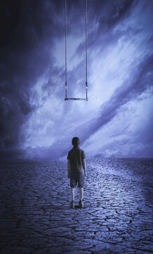 A boy stands looking up at a swing that he is too short to reach, composite image