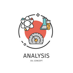 Oil Industry Thin Line Icon Analysis Concept Include of Level Indicator, Molecule and Flask. Vector illustration