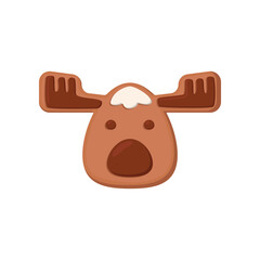 Gingerbread deer cookie. Vector illustration of sweet homemade snack with icing for winter holidays. Cartoon cute ginger biscuit of deer shape isolated on white background. Christmas, dessert concept
