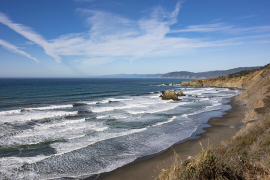 A look North up Blues Beach off Highway 1 in Northern California in late autumn; Westport, California, United States of America