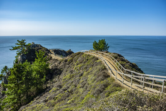 The boardwalk leading to a breathtaking overlook of Muirs Beach in Northern California; Stinson Beach, California, United States of America