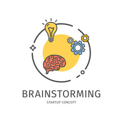 Startup Thin Line Icon Brainstorming Concept Include of Bulb, Brain and Gear. Vector illustration of Start Up