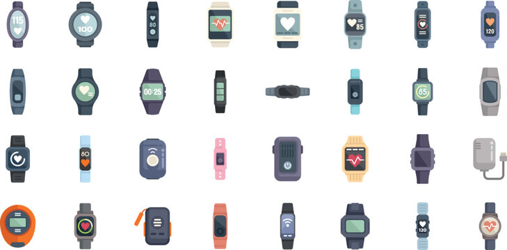 Wearable tracker icons set flat vector. Fitness bracelet. Wristband digital isolated