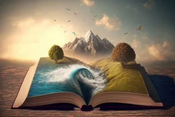 Poster Heavenly landscape on an open book pages. Generative AI © FantasyDreamArt