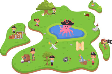 Treasure island. Cartoon pirate land. Travel game