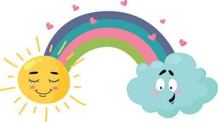 Cute weather characters. Happy face sun and cloud with rainbow