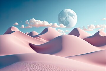 Light pink sand dunes contrast with a deep blue sky. Sky contrasts against a backdrop of sand dunes in the desert. Concisely abstract, minimal backdrop. Generative AI