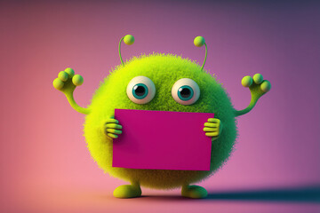 A small, cute, illustrated, fantasy, green creature holding a blank paper, copy space, for text or title. A baby monster from a children's fairy tale. Generative AI. - obrazy, fototapety, plakaty