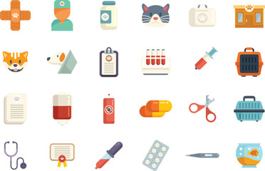 Veterinary clinic icons set flat vector. Pet dog. Puppy animal isolated