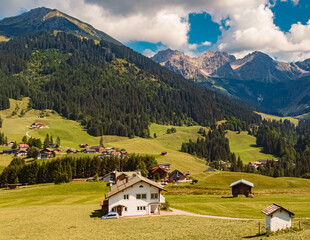 Fototapeta na wymiar Beautiful alpine summer view at the famous Kleinwalsertal valley, Baad, Vorarlberg, Austria