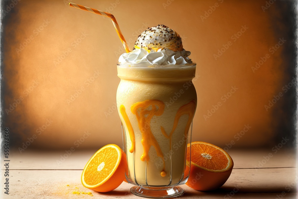 Poster a drink with a straw and orange slices around it on a table with a brown background and a shadow., g