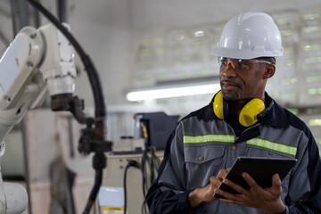 African American male engineer worker holding digital tablet working with welding robot arm in...