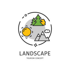 Tourism Thin Line Icon Landscape Concept Include of Sun, Forest and Mountain. Vector illustration of Outdoor Activity Recreation