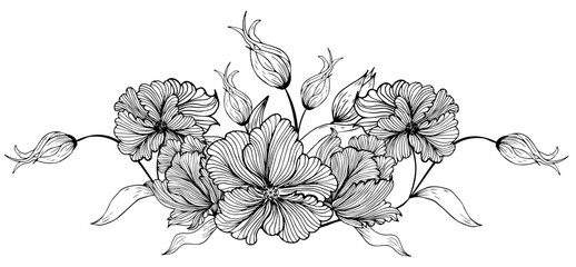 Floral composition, floral background with tender flowers and branches of buds. Hand drawing. For stylized decor, invitations, postcards, posters, cards, backgrounds, as clipart or coloring page. 