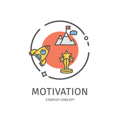 Startup Thin Line Icon Motivation Concept Include of Award Prize, Mountain Peak and Rocketship . Vector illustration of Start Up
