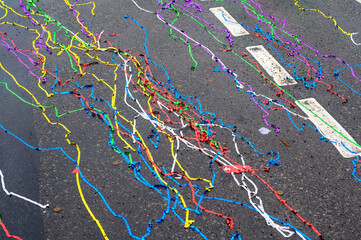 Colorful streamers on a street on New Year's morning.