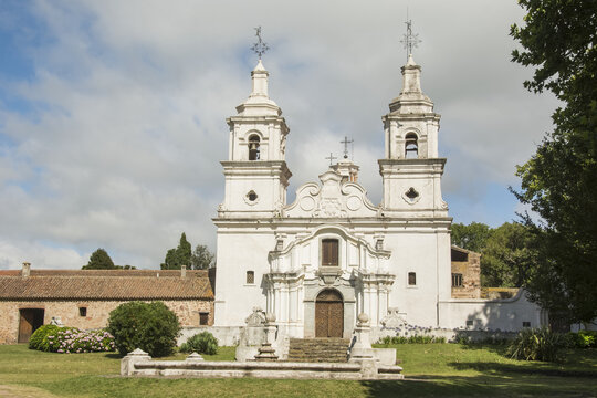 The front of the Spanish colonial church of Santa Catalina in Argentina, with its two flanking bell towers; Jesus Maria, Cordoba, Argentina