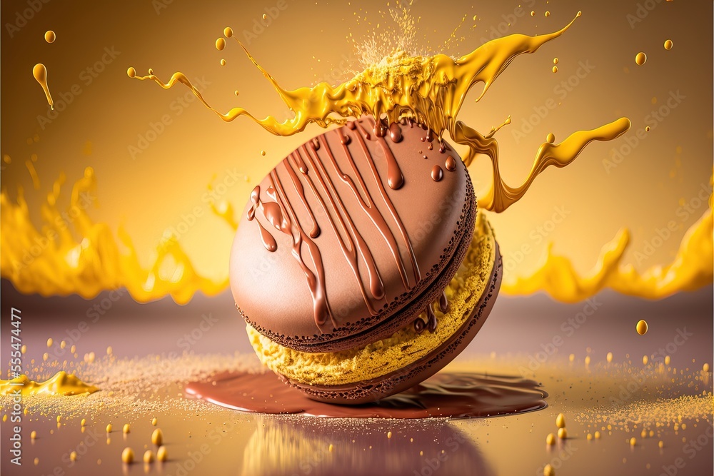 Poster a chocolate covered pastry with a splash of yellow liquid on it's surface and a yellow background be