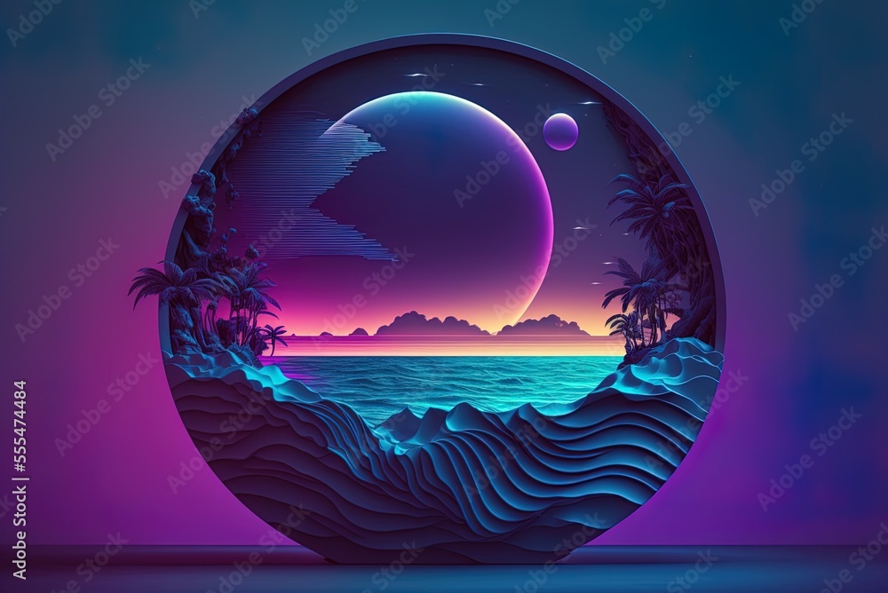 Poster image of a retro-futuristic abstract ocean seascape with a blue and violet neon circle and copy spac