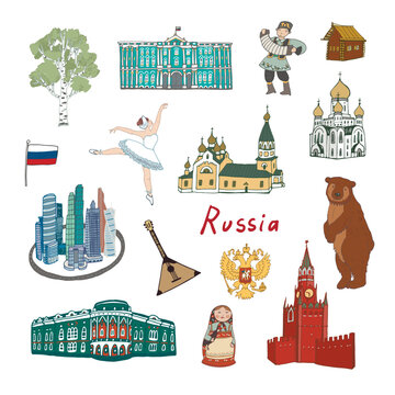 Russia travel landmark vector illustrations set.