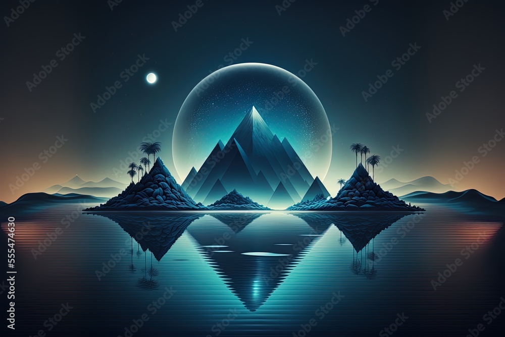 Poster dreamlike nightscape of the future, complete with an abstract island and scenery with the glow of th