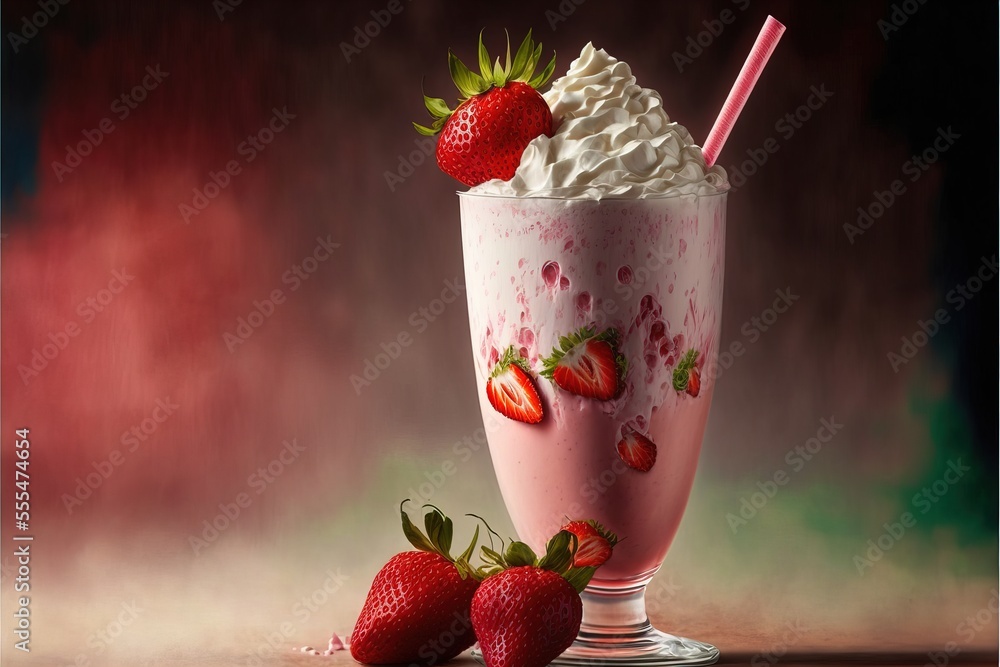 Poster a milkshake with strawberries and whipped cream on a table with a red background and a pink straw., 