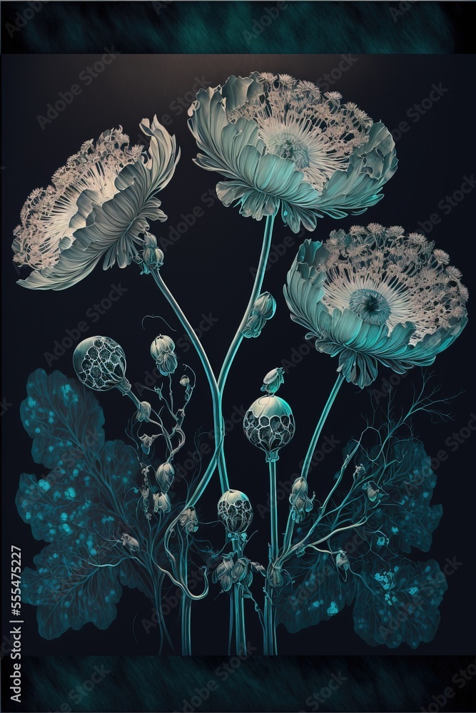 Poster a painting of flowers with a black background and a blue background with a black background and a bl