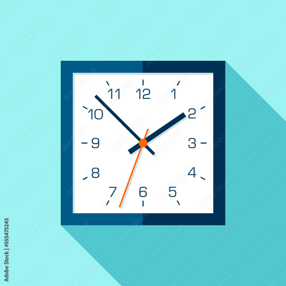 Poster clock icon in flat style, blue timer with numbers on turquoise background. business watch. volume ve