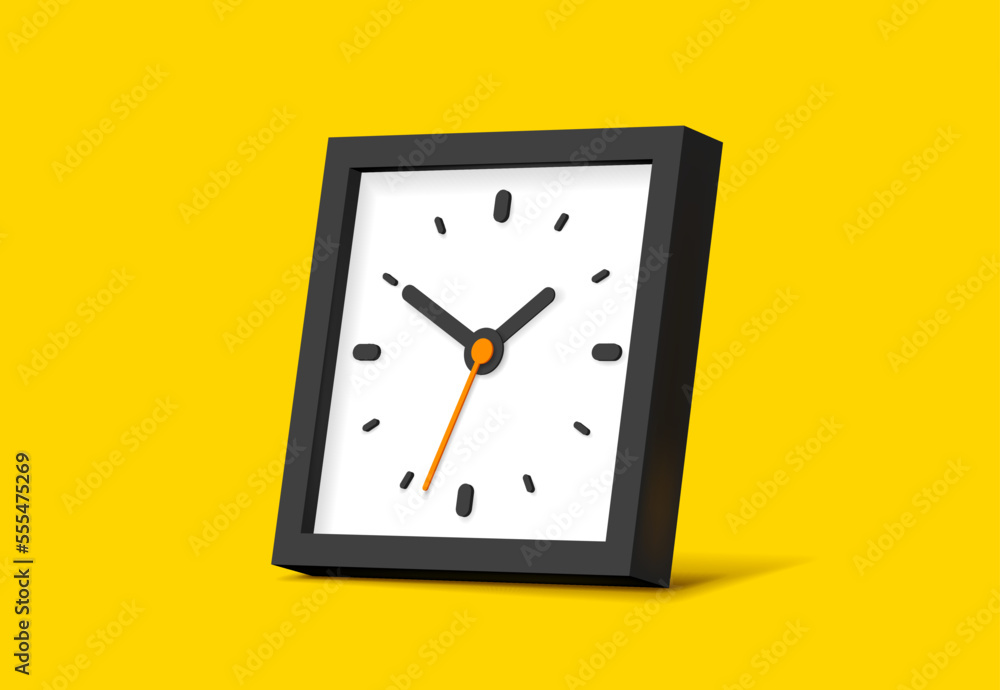 Aufkleber clock squre icon in flat style, black 3d timer on yellow background. business watch. volume vector d