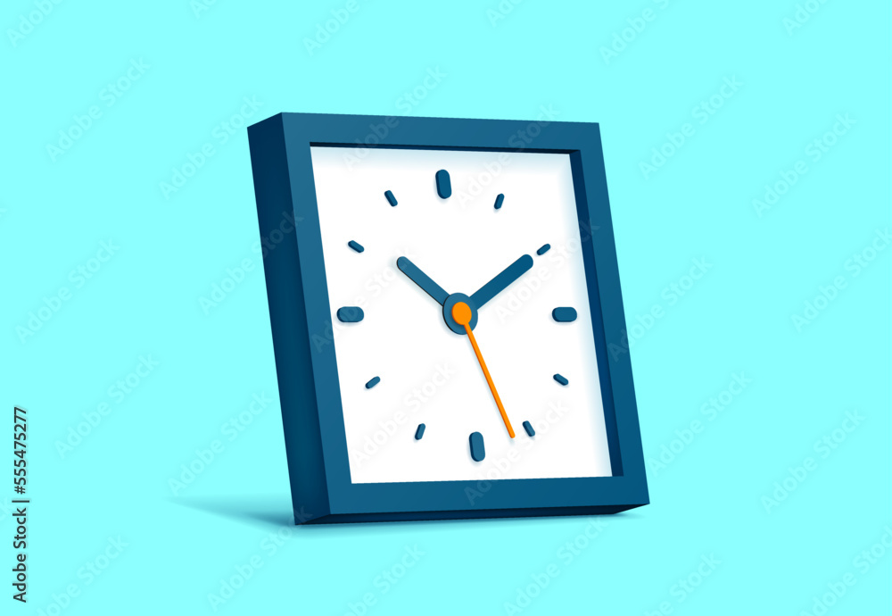 Aufkleber clock squre icon in flat style, blue 3d timer on turquoise background. business watch. volume vector