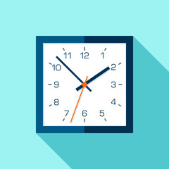 Clock icon in flat style, blue timer with numbers on turquoise background. Business watch. Volume vector design element for you project