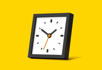 Clock squre icon in flat style, black 3d timer on yellow background. Business watch. Volume vector design element for you project