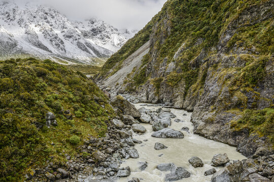 Dirty mountain river along the Hooker Valley Track, Mount Cook National Park; South Island, New Zealand