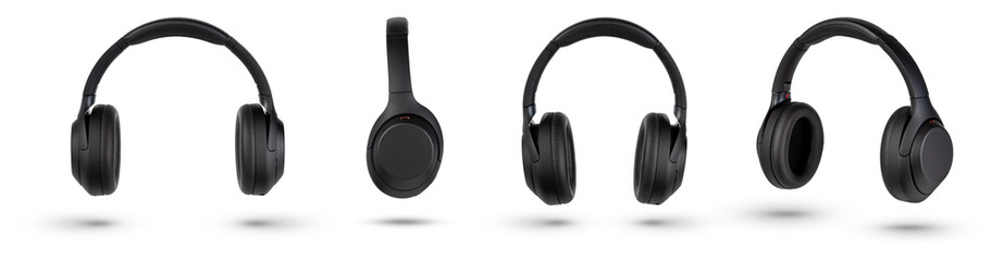 Headphones isolate on white. Wireless headphones in black, high quality, isolated on a white background, for advertising or product catalog. Set of headphones from different angles.