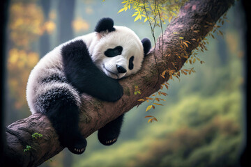 Fototapety  Panda Bear Sleeping on a Tree Branch, China Wildlife. Cute Lazy Baby Panda Sleeping in the Forest, Enjoying an afternoon nap with paws Hanging Down. Digital artwork 