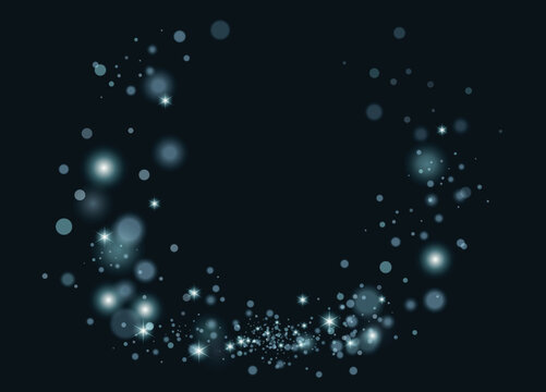 Blue sparkle snow effect. Blurred indigo mystery star dust background. Bokeh round element.