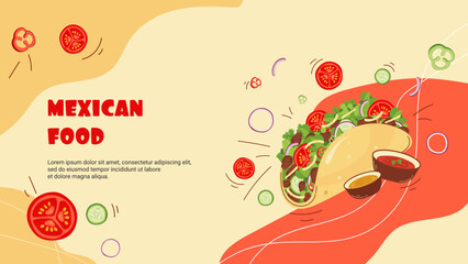 Banner template for website to promote a Mexican restaurant, bar with an illustration of a traditional vegetable chicken tacos. Vector