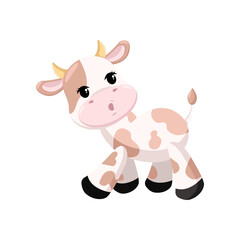 Happy baby cow walking cartoon illustration. Cute little calf character with brown spots walking on white background. Domestic animal concept