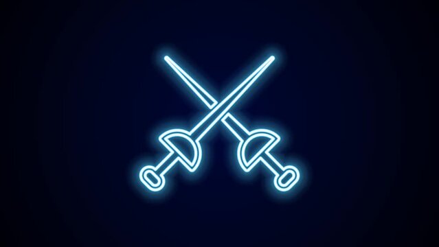 Glowing neon line Fencing icon isolated on black background. Sport equipment. 4K Video motion graphic animation