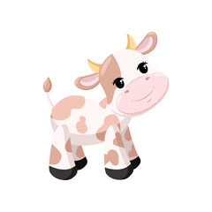 Happy baby cow standing cartoon illustration. Cute little calf character with brown spots standing on white background. Domestic animal concept