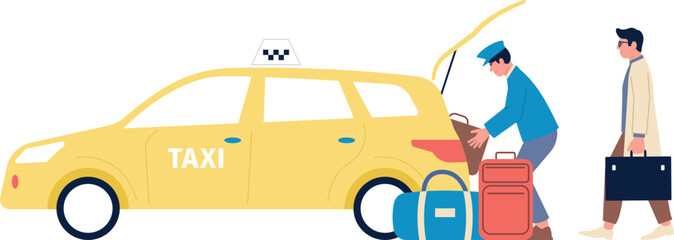 Taxi driver loading luggage in car. Passenger service