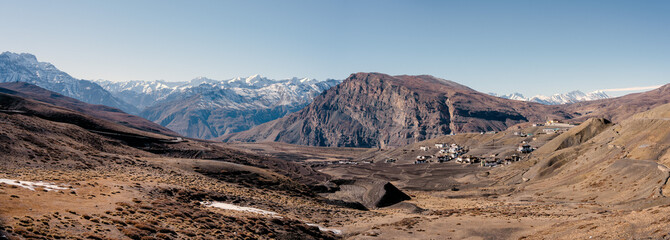 panorama of the mountains in autumn, Spiti Valley, Khibber Village