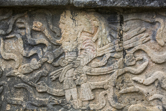 Sculptures, Platform of Eagles and Jaguars, Chichen Itza, UNESCO World Heritage Site; Yucatan, Mexico