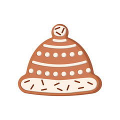 Gingerbread hat cookie. Vector illustration of sweet homemade snack with icing for winter holidays. Cartoon cute ginger biscuit of hat shape isolated on white background. Christmas, dessert concept